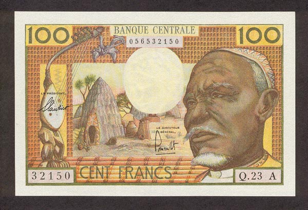 Лицевая сторона банкноты Экваториальной Гвинеи номиналом 100 Франков