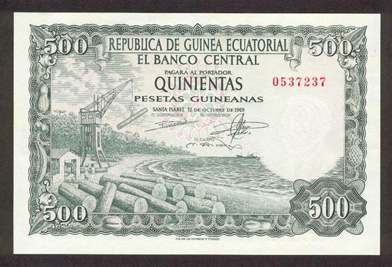 Лицевая сторона банкноты Экваториальной Гвинеи номиналом 500 Песет Гвинейских