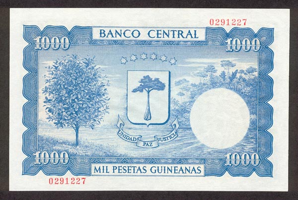 Обратная сторона банкноты Экваториальной Гвинеи номиналом 1000 Песет Гвинейских