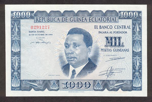 Лицевая сторона банкноты Экваториальной Гвинеи номиналом 1000 Песет Гвинейских