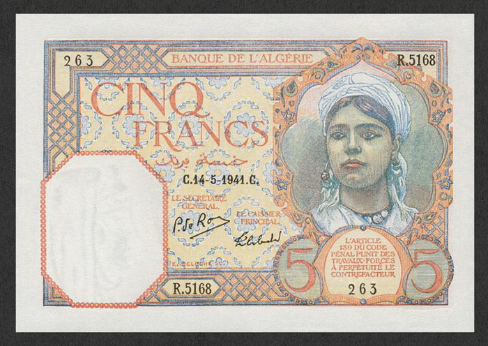 Лицевая сторона банкноты Алжира номиналом 5 Франков