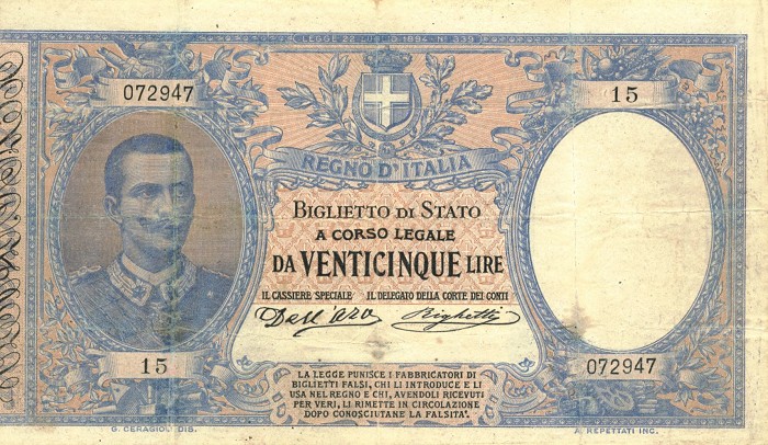 Лицевая сторона банкноты Италии номиналом 25 Лир