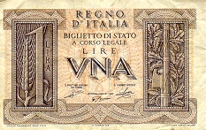 Лицевая сторона банкноты Италии номиналом 1 Лира