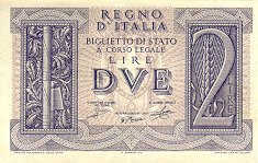 Лицевая сторона банкноты Италии номиналом 2 Лиры