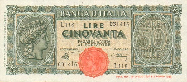 Лицевая сторона банкноты Италии номиналом 50 Лир