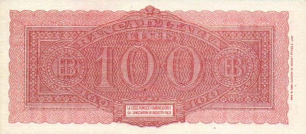Обратная сторона банкноты Италии номиналом 100 Лир