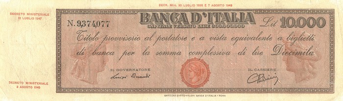 Лицевая сторона банкноты Италии номиналом 10000 Лир