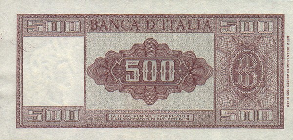 Обратная сторона банкноты Италии номиналом 500 Лир