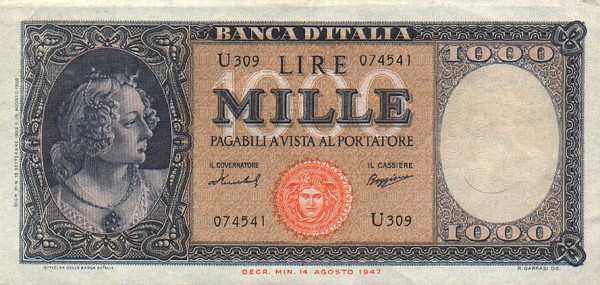 Лицевая сторона банкноты Италии номиналом 1000 Лир