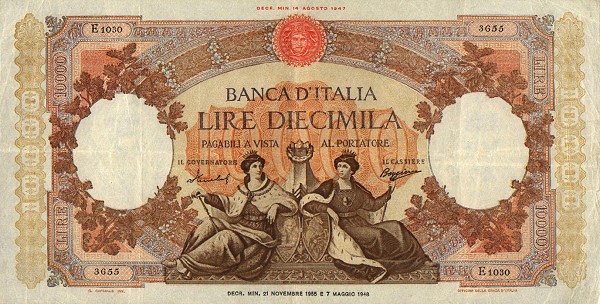 Лицевая сторона банкноты Италии номиналом 10000 Лир