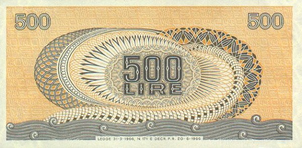 Обратная сторона банкноты Италии номиналом 500 Лир