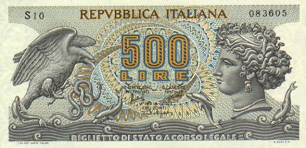 Лицевая сторона банкноты Италии номиналом 500 Лир