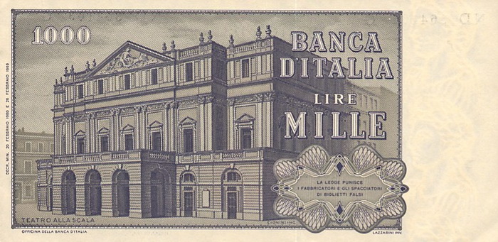 Обратная сторона банкноты Италии номиналом 1000 Лир