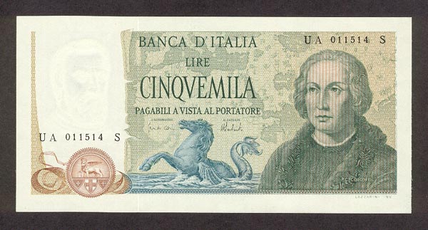 Лицевая сторона банкноты Италии номиналом 5000 Лир