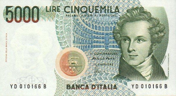 Лицевая сторона банкноты Италии номиналом 5000 Лир