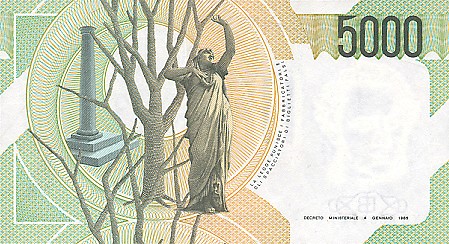 Обратная сторона банкноты Италии номиналом 5000 Лир