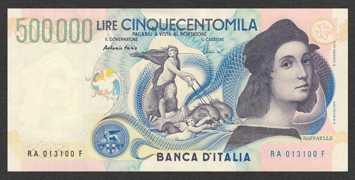 Лицевая сторона банкноты Италии номиналом 500000 Лир