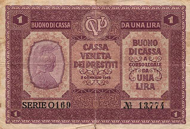 Лицевая сторона банкноты Италии номиналом 1 Лира