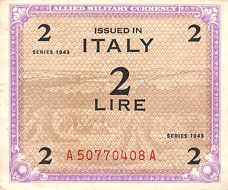 Лицевая сторона банкноты Италии номиналом 2 Лиры