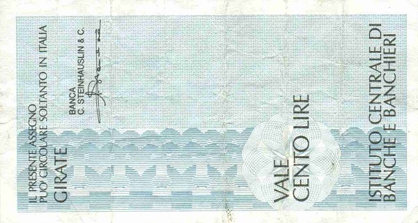 Обратная сторона банкноты Италии номиналом 100 Лир