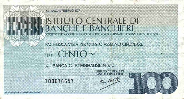Лицевая сторона банкноты Италии номиналом 100 Лир