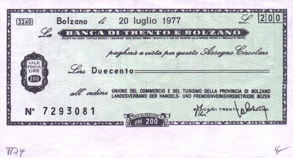 Лицевая сторона банкноты Италии номиналом 200 Лир