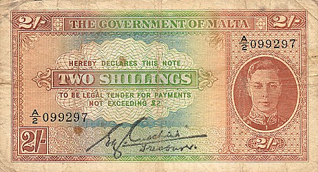 Лицевая сторона банкноты Мальты номиналом 2 Шиллинга