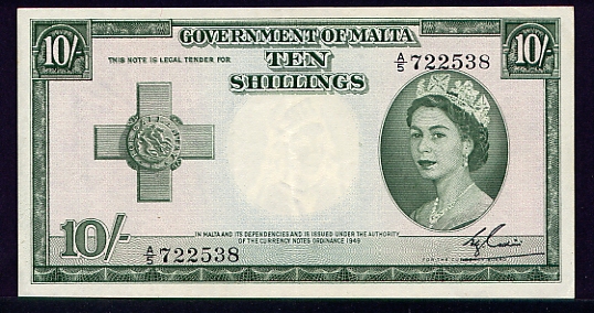 Лицевая сторона банкноты Мальты номиналом 10 Шиллингов