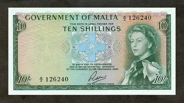 Лицевая сторона банкноты Мальты номиналом 10 Шиллингов