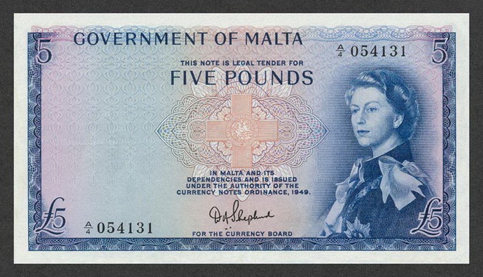 Лицевая сторона банкноты Мальты номиналом 5 Фунтов
