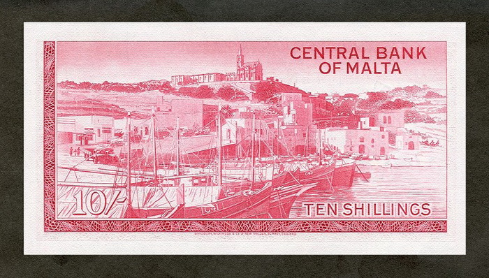 Обратная сторона банкноты Мальты номиналом 10 Лир