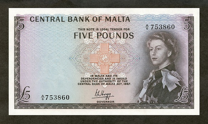 Лицевая сторона банкноты Мальты номиналом 5 Лир