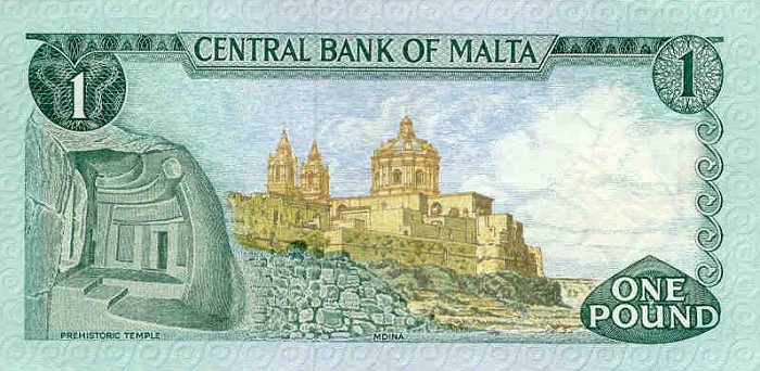 Обратная сторона банкноты Мальты номиналом 1 Лира