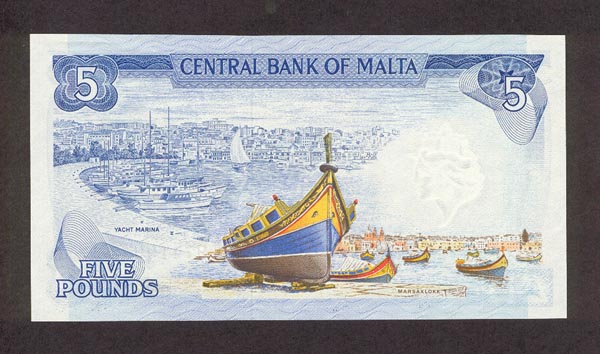 Обратная сторона банкноты Мальты номиналом 5 Лир