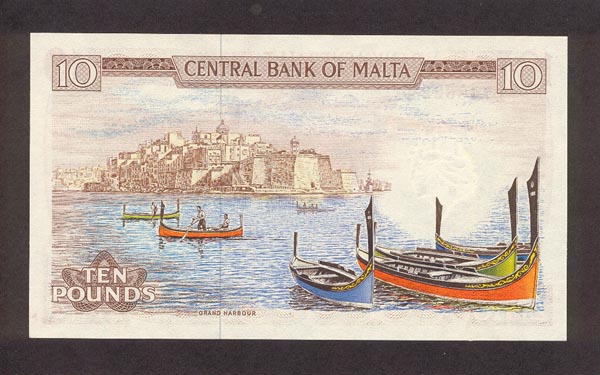 Обратная сторона банкноты Мальты номиналом 10 Лир