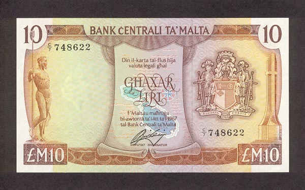 Лицевая сторона банкноты Мальты номиналом 10 Лир