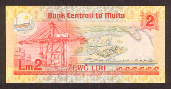 Обратная сторона банкноты Мальты номиналом 2 Лиры