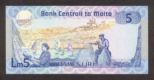 Обратная сторона банкноты Мальты номиналом 5 Лир