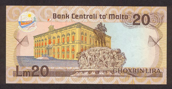 Обратная сторона банкноты Мальты номиналом 20 Лир
