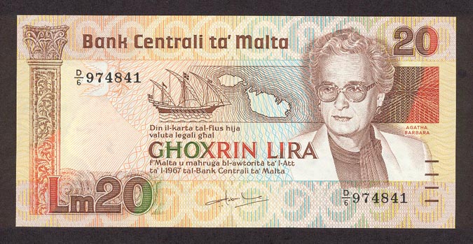 Лицевая сторона банкноты Мальты номиналом 20 Лир