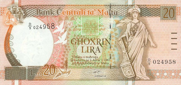 Лицевая сторона банкноты Мальты номиналом 20 Лир