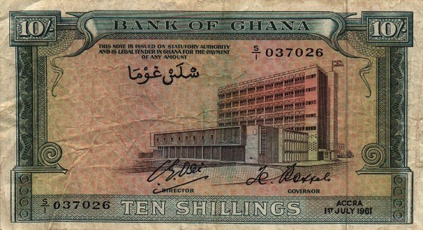 Лицевая сторона банкноты Ганы номиналом 10 Шиллингов