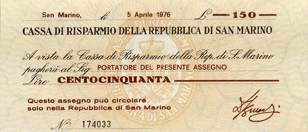 Лицевая сторона банкноты Сан-Марино номиналом 150 Лир