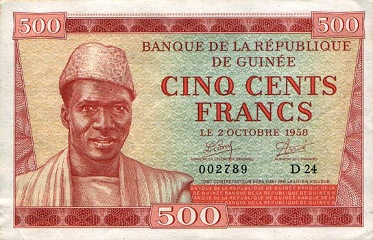 Лицевая сторона банкноты Гвинеи номиналом 500 Франков