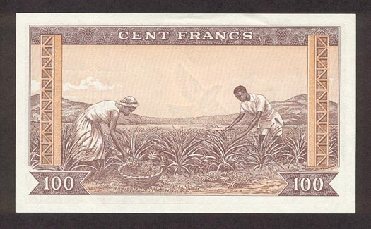 Обратная сторона банкноты Гвинеи номиналом 100 Франков