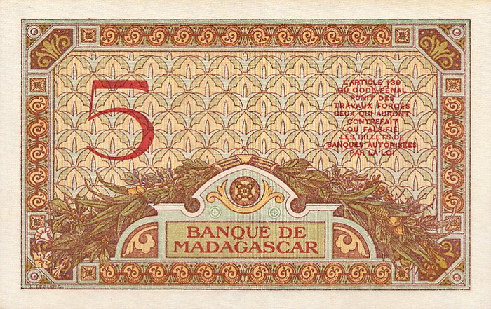 Обратная сторона банкноты Мадагаскара номиналом 5 Франков