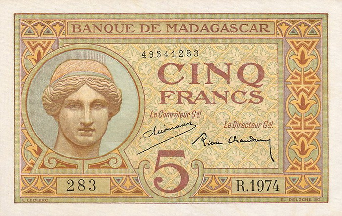 Лицевая сторона банкноты Мадагаскара номиналом 5 Франков