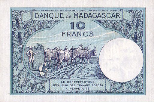 Обратная сторона банкноты Мадагаскара номиналом 10 Франков