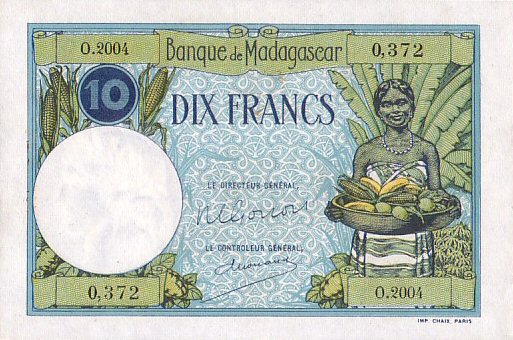 Лицевая сторона банкноты Мадагаскара номиналом 10 Франков
