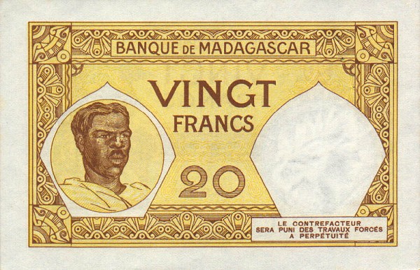 Обратная сторона банкноты Мадагаскара номиналом 20 Франков